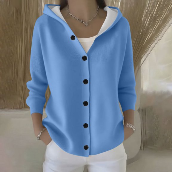 thefmos Women Fall Winter Long Sleeve Button Down Hooded Cardigan Sweater Casual Basic Solid Tops Cozy Knit Outerwear For Daily Wear, Blue XL