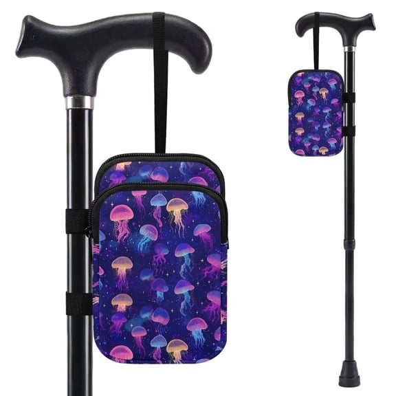 COEQINE Forearm Crutch Bag Walking Cane Accesories Jellyfish Galaxy Elbow Crutch Storage Organizer, 2 Zippered Pockets, Lightweight, Hands-Free, for Adults & Seniors