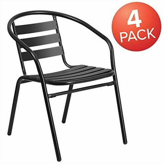 BizChair 4 Pack Black Metal Restaurant Stack Chair with Curved Back and Aluminum Slats