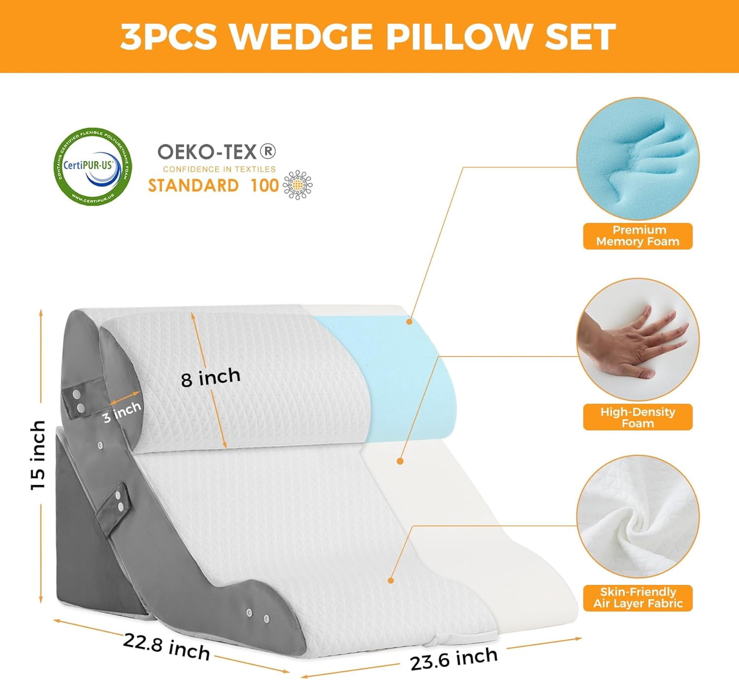 3PC Wedge Pillow Set for Post Surgery, Adjustable Bed Sitting Pillow for Acid Reflux, Headboard Wedge for Sleeping & Snoring, Orthopedic Back Support Pillow, White