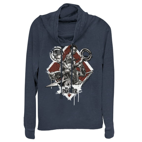 Junior's Marvel Black Panther 2018 Warrior Trio  Cowl Neck Sweatshirt Navy Blue Large