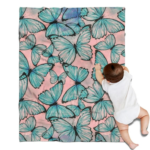Blue Butterfly Pink Background Pattern Blanket,Comfortable Soft Flannel Throw Blanket,All Season,Warm Lightweight Blankets for Sofa Bed Couch Living Room Chair,30"x40"