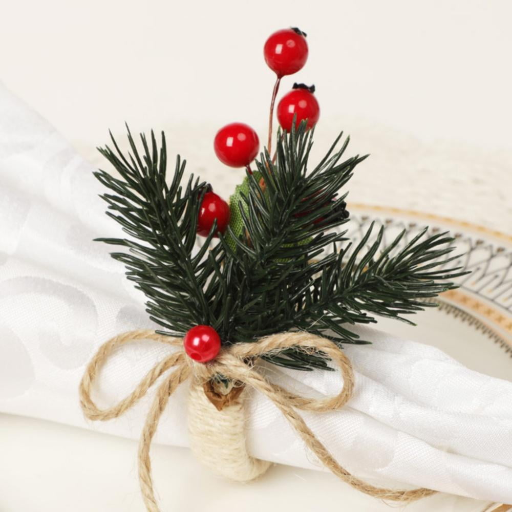 Red Berries Pine Needles and Pine Coves Napkin Rings for Holiday Party Place Setting Set of 4 Holiday Napkin Rings 