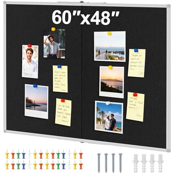 Large Cork Bulletin Board, 48 X 36 in Foldable Silver Aluminium Frame Noticeboard for Wall, 4'x 3' Large Wall Mounted Memo Notice Pin Board with 28 Push Pins for School, Home & Office (Black)$$Office