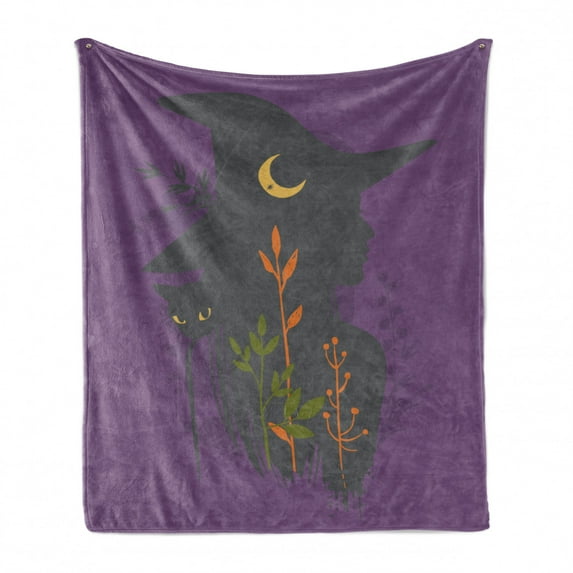 Night Soft Flannel Fleece Blanket, Woman in Witch Hat Along Wild Plants Herbs Cat Magic of Mother Nature, Cozy Plush for Indoor and Outdoor Use, 50" x 60", Dark Blue Grey and Violet, by Ambesonne