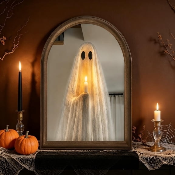 Halloween Light Up Ghost Mirror, Novelty Ghost Holding Candle On Mirror,Halloween GhostMirror Lighted Holiday Displays,Spooky Halloween Decorations Indoor for Wall Table Mantel Room Home Office Party