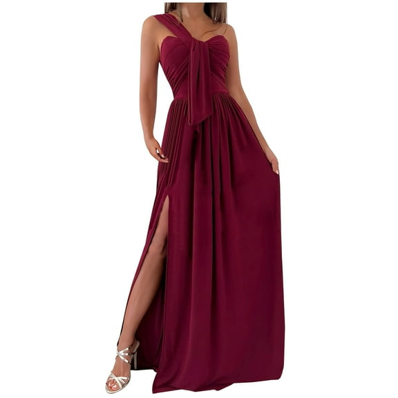 Womens Casual Solid One Shoulder Sleeveless Split Hem Dresses Summer Boho Floral Formal Sundresses Wedding Guest Prom Bodycon Cocktail Dresses A68-20684
