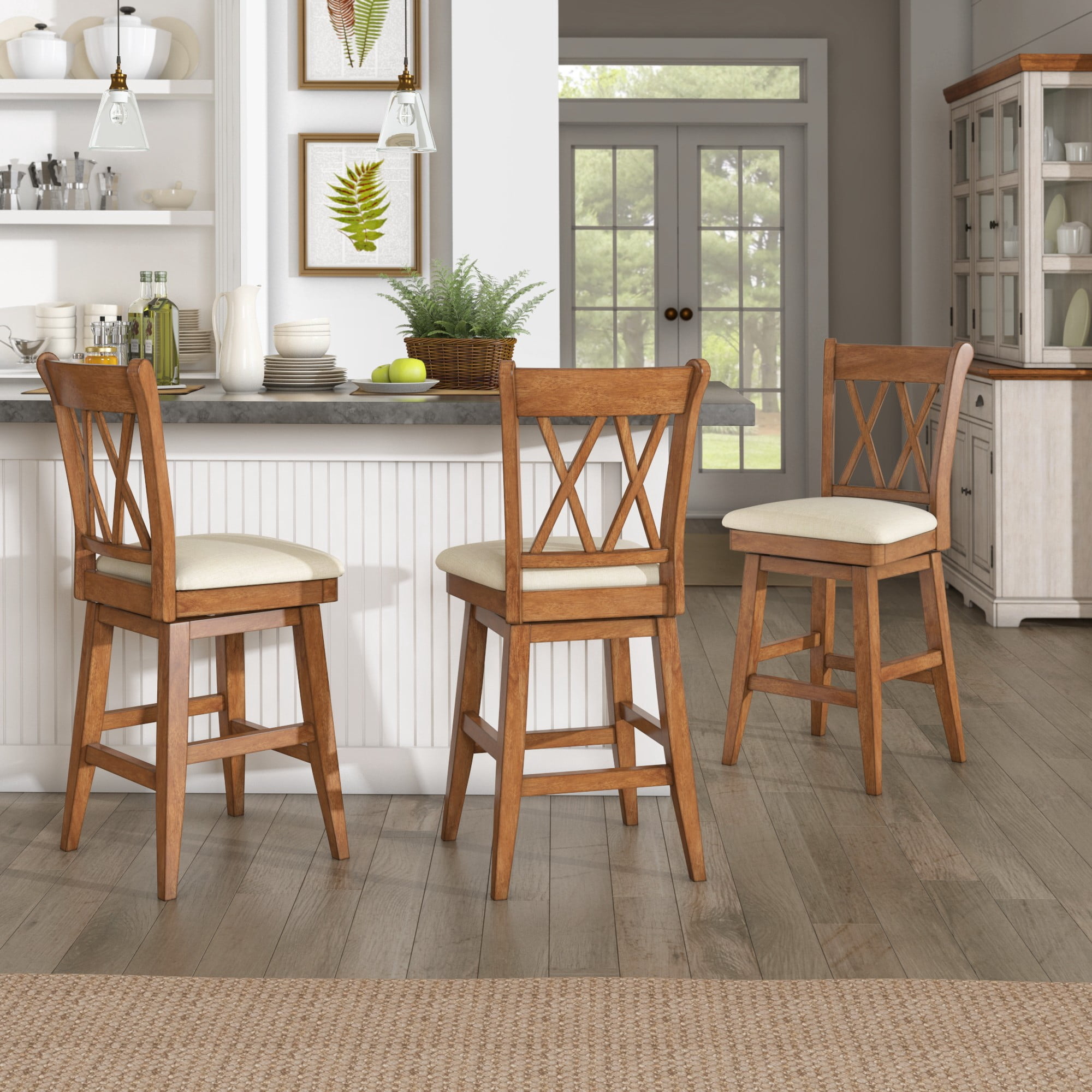 iNSPIRE Q Sheena Transitional Linen Swivel Counter Height Bar Stools, Oak