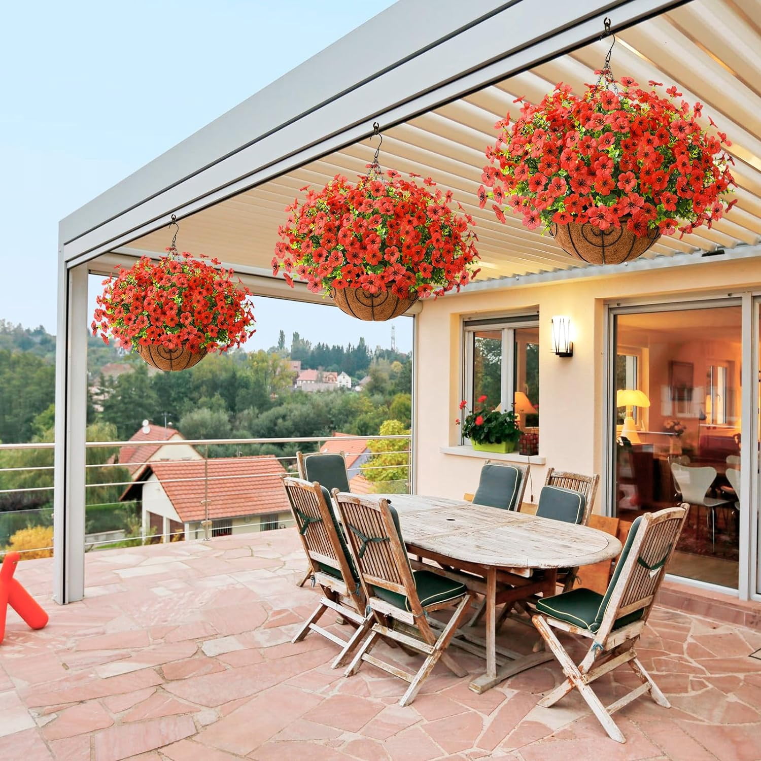 Artificial Faux Hanging Plants Flowers Basket Outdoor Porch Garden Summer Decoration, Fake Silk Daisy in Planter Realistic UV Resistant for Outside Home Patio Balcony Yard(Red)