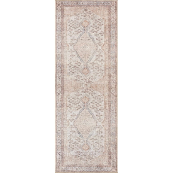 Boutique Rugs Analu Bohemian Vintage Medallion Runner Rug - Oriental Bordered Carpet for Hallway, Kitchen - Machine Washable - Blush, Peach, Brown- 2'7" x 7'3" (2x8)