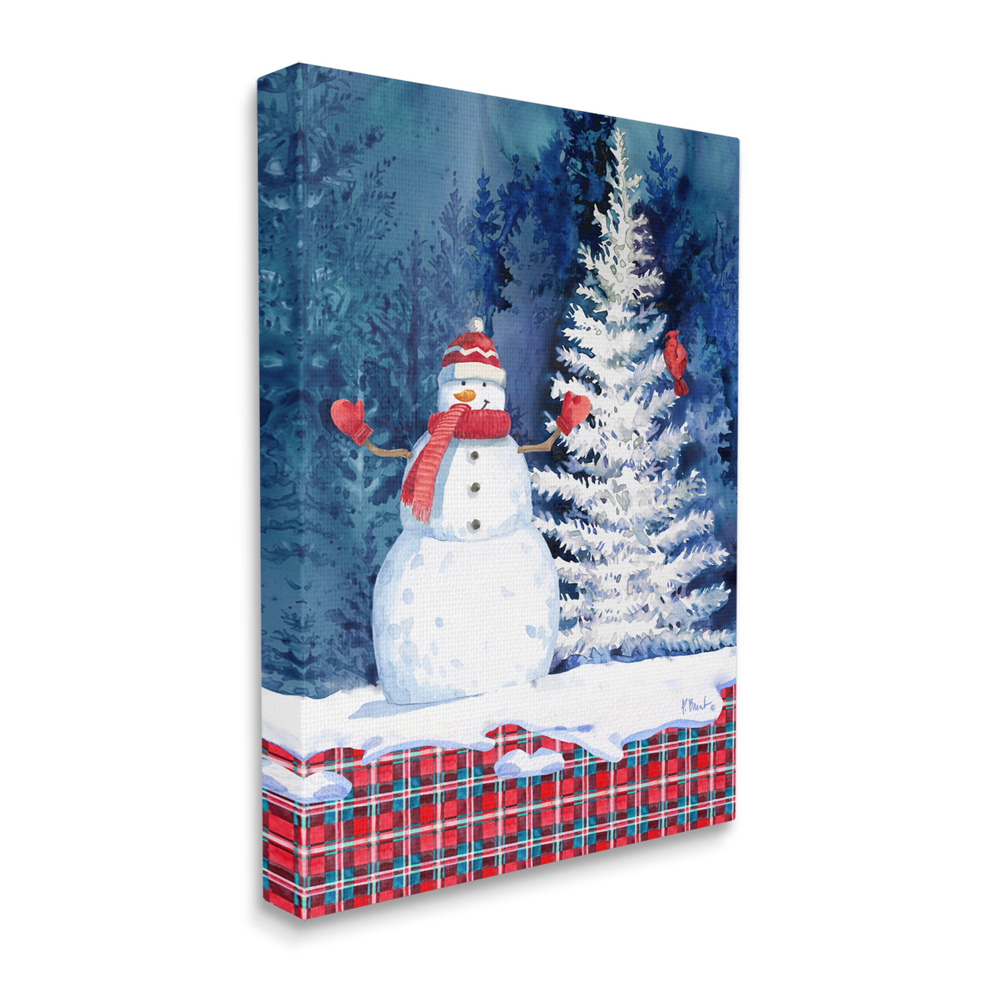 Stupell Industries Winter Snowman on Plaid Holiday Painting Gallery Wrapped Canvas Print Wall Art, 16 x 20
