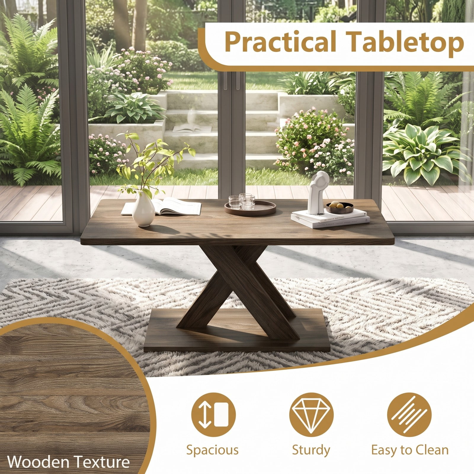 Furnibear 37.5 Inch Rectangular Coffee Table, Modern Rubber Wood Center Table with Wide Stable Base and Anti-Slip Foot Pads for Living Room Bedroom Office, Rustic Brown