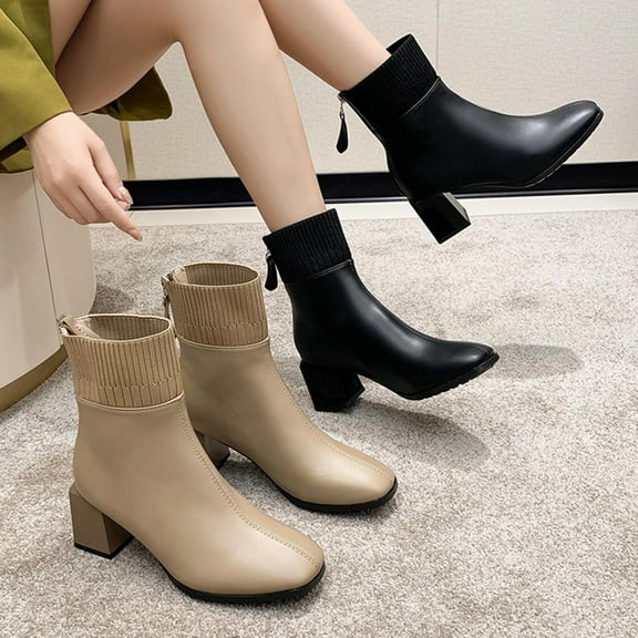 Miluxas Ankle Boots for Women Square Toe Short Boots Back Zipper Mid Heel Ankle Booties Fashion Comfort Dressy Lady Shoes Khaki 7.5(40)