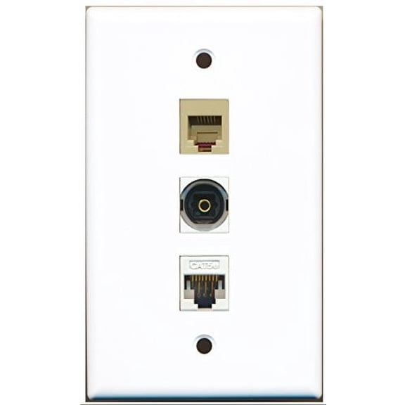 RiteAV - 1 Port Phone RJ11 RJ12 Beige and 1 Port Toslink and 1 Port Cat5e Ethernet White Wall Plate