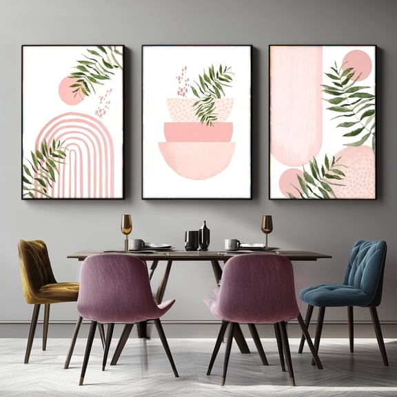 3pcs Unframed Canvas Art Prints, Boho & Modern Abstract Wall Decor for Living Room, Bedroom, Office - Multi-Size Options, Pink Botanical & Geometric Designs, Minimalist Aesthetic, Cute Room Deco