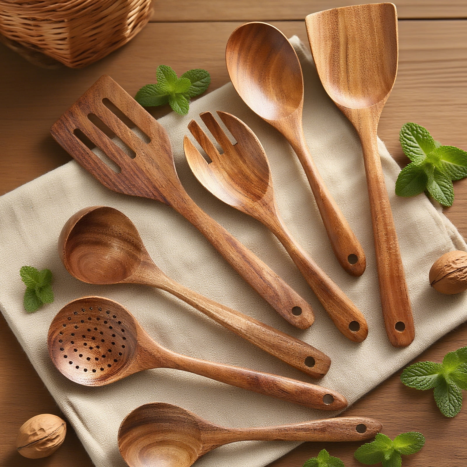 Kisportee Wooden Spoons for Cooking, 8 Pcs Natural Teak Wooden Utensils Set, Non-Stick & Heat Resistant Durable Wood Kitchen Utensil Set