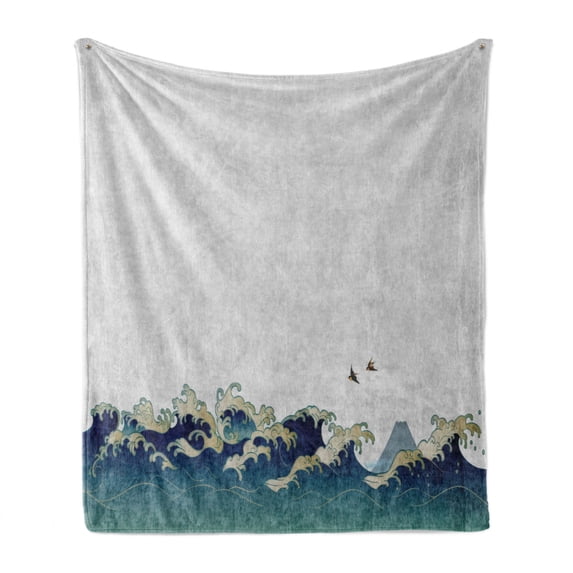 Japanese Wave Soft Flannel Fleece Blanket, Aquatic Swirls Birds of Ocean Ukiyo-e Style Artwork Greyscale Background, Cozy Plush for Indoor and Outdoor Use, 50" x 60", Grey Blue Cream, by Ambesonne