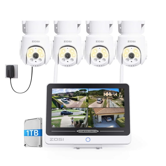 5MP 360° WiFi Security Camera System with 12" LCD Monitor, ZOSI 8CH All in one NVR with 1TB HDD, 4pcs Outdoor PTZ WiFi Camera with Audio, AI Person Detection, Color Night Vision, Smart Home Security