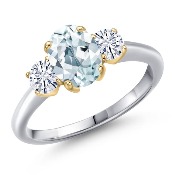 Gem Stone King 10K Two Tone Gold Sky Blue Aquamarine and White Moissanite Engagement Ring for Women | 1.66 Cttw | Oval 8X6MM | Gemstone March Birthstone | Size 9