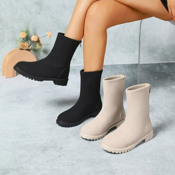 Woman Mid Calf Boots Chunky Low Heel Round Toe Booties with Zipper Women Trendy Casual Outdoor Dressy Winter Warm Shoes Beige 7.5