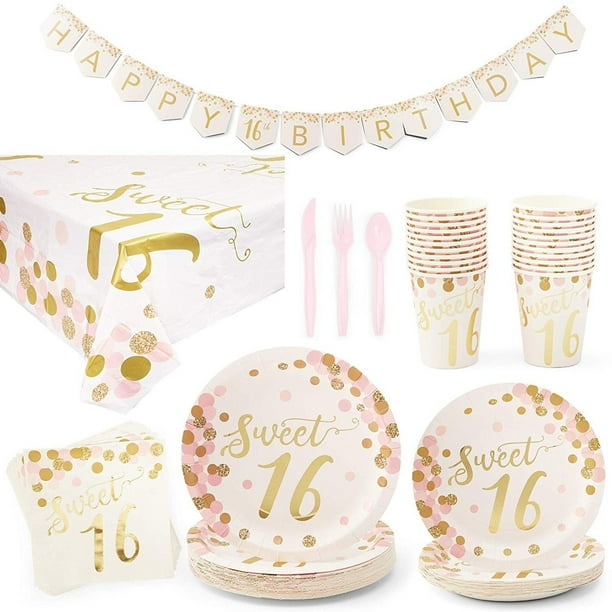 Serves 24 Sweet 16 Birthday Party Supplies, 122PCS Plates Napkins Cups