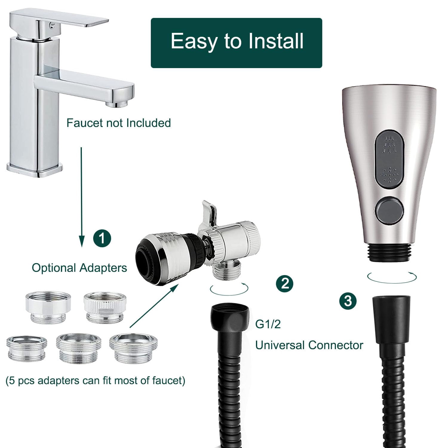 Kitchen Faucet Hose Sprayer Attachment For Tub & Sink  Black Stainless Steel Water Saving Aerator 3-way Diverter Valve