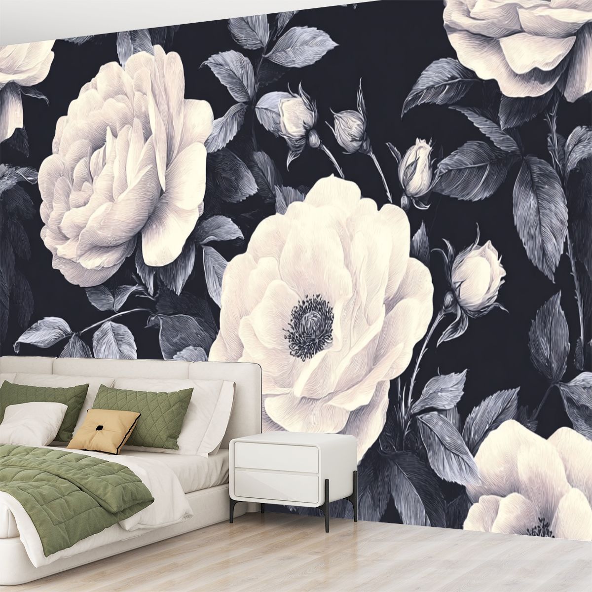 Peel and Stick Wallpaper Floral Dark Vintage White Peony Flower Roses Leaves Flowers Buds Modern Art Wall Mural Decor Self Adhesive and Removable 69in x 98in