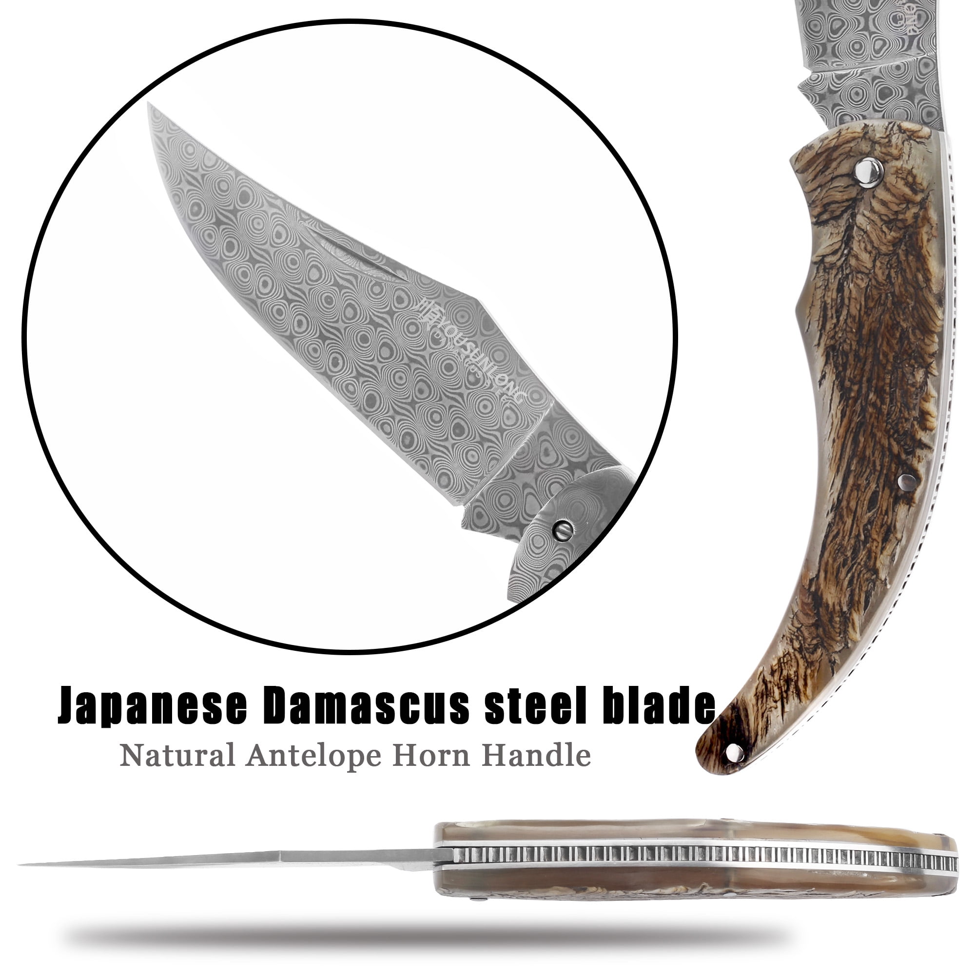 YOUSUNLONG Damascus Steel Folding Knife 205mm Japanese Hunting Pocket Knife with Antelope Horn Handle