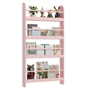 Homfa 4-Tier Wall Bookshelf, 43.7H Wall-Mounted Kids Bookshelf, Book Storage Rack for Kids Room, Pink
