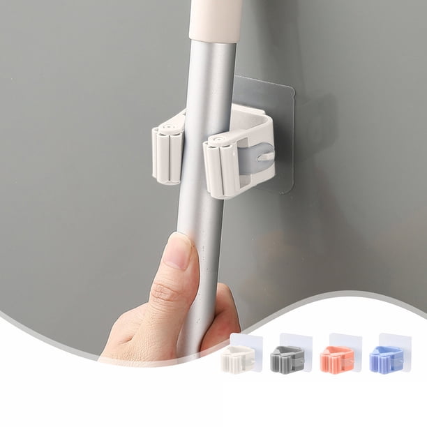 Soporte de pared para colgar trapeador sin orificios | Soporte de escoba adhesivo fuerte | Diseño de gancho integrado de plástico | Agarre seguro antideslizante | para cocina, baño, garaje | 1