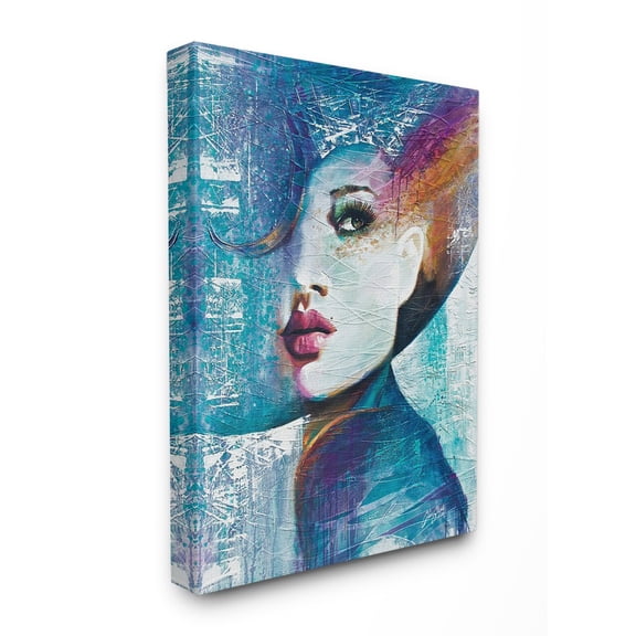 The Stupell Home Decor Collection Blue Orange Purple and Pink Paint Splatter Glam Fashion Portrait Stretched Canvas Wall Art, 16 x 1.5 x 20