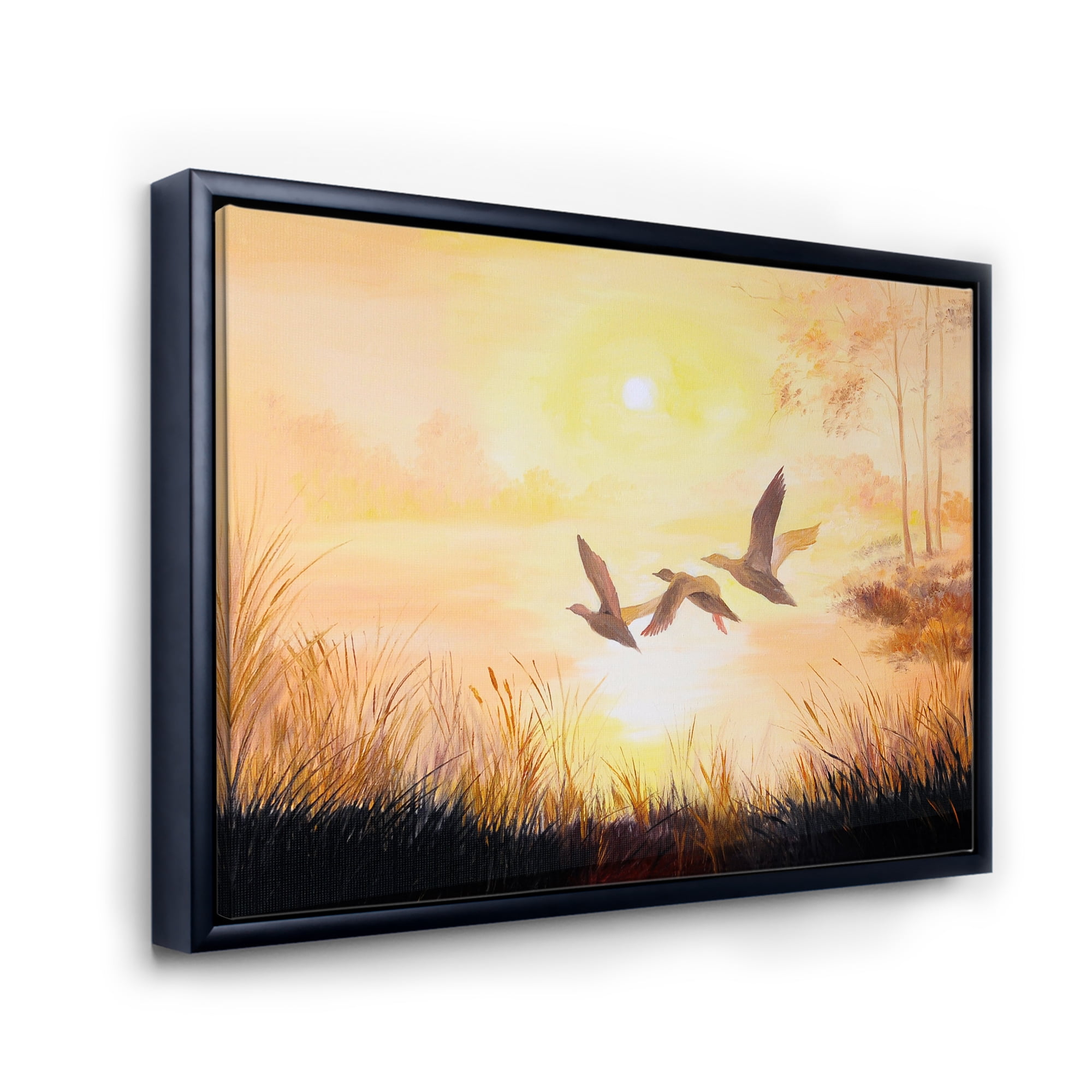 Designart 'Three Cranes Flying Through Warm Sunset' Traditional Framed Canvas Wall Art Print