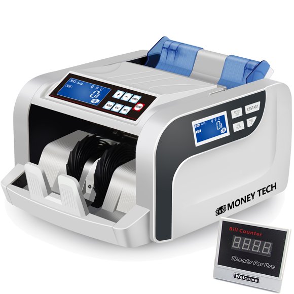 Money Tech Comptoir Professionnel pour Billets et Espèces en Polymère et Papier Multi-Devises. Machine Canadienne de Comptage de Billets en Plastique et USD avec Détection de Contrefaçon et 2 Écrans LCD
