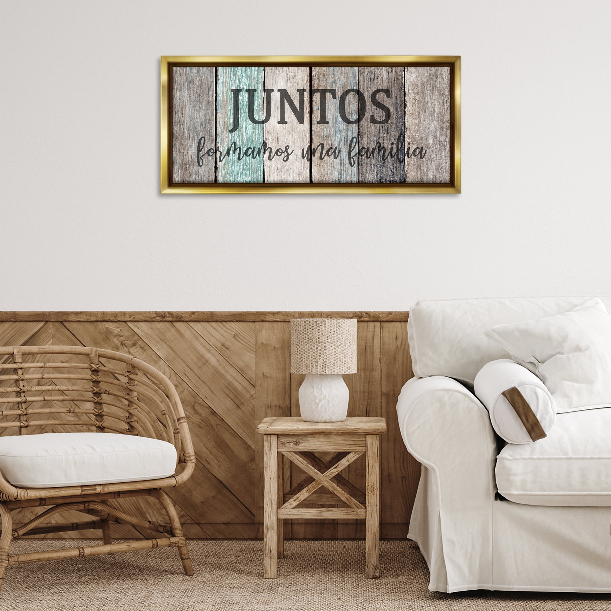 Stupell Industries Juntos Formamos una Familia Inspirational Quotes & Sayings Painting Gold Floater Framed Art Print Wall Art, 31 x 14