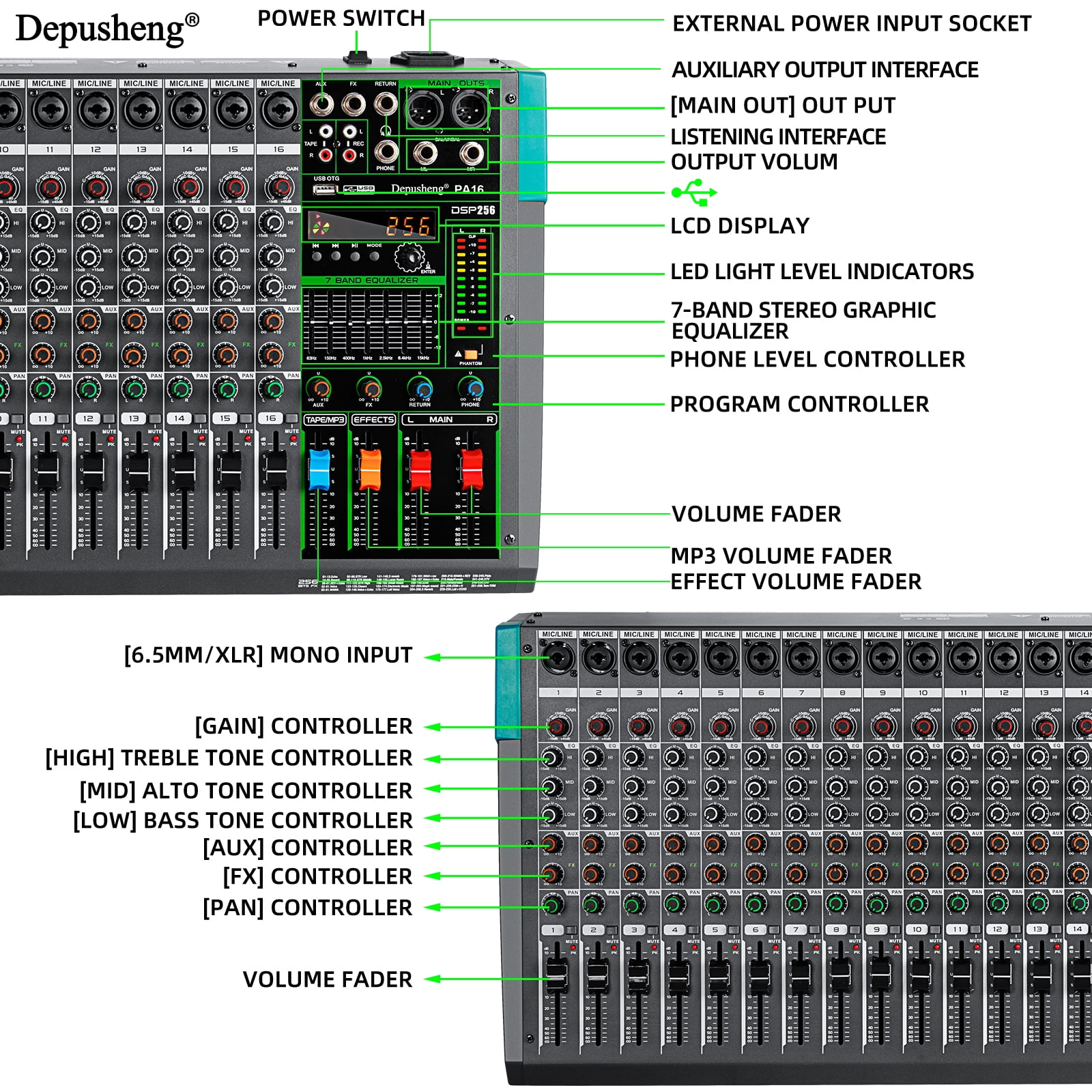 Depusheng PA16 Audio Mixer 16-Channel Mixing Console  48V 256DSP Reverb Effect Professional USB PC AUX Play Record Podcast Broadcast stage