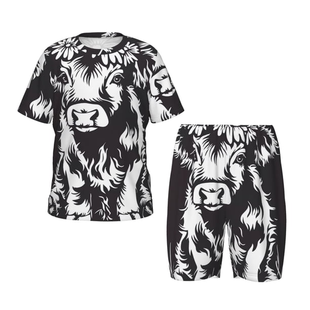 Balery Floral Cow Silhouette Conjunto de Pijama Infantil de Manga Corta con Estampado – Ropa de Dormir de Algodón Suave-XX-Large