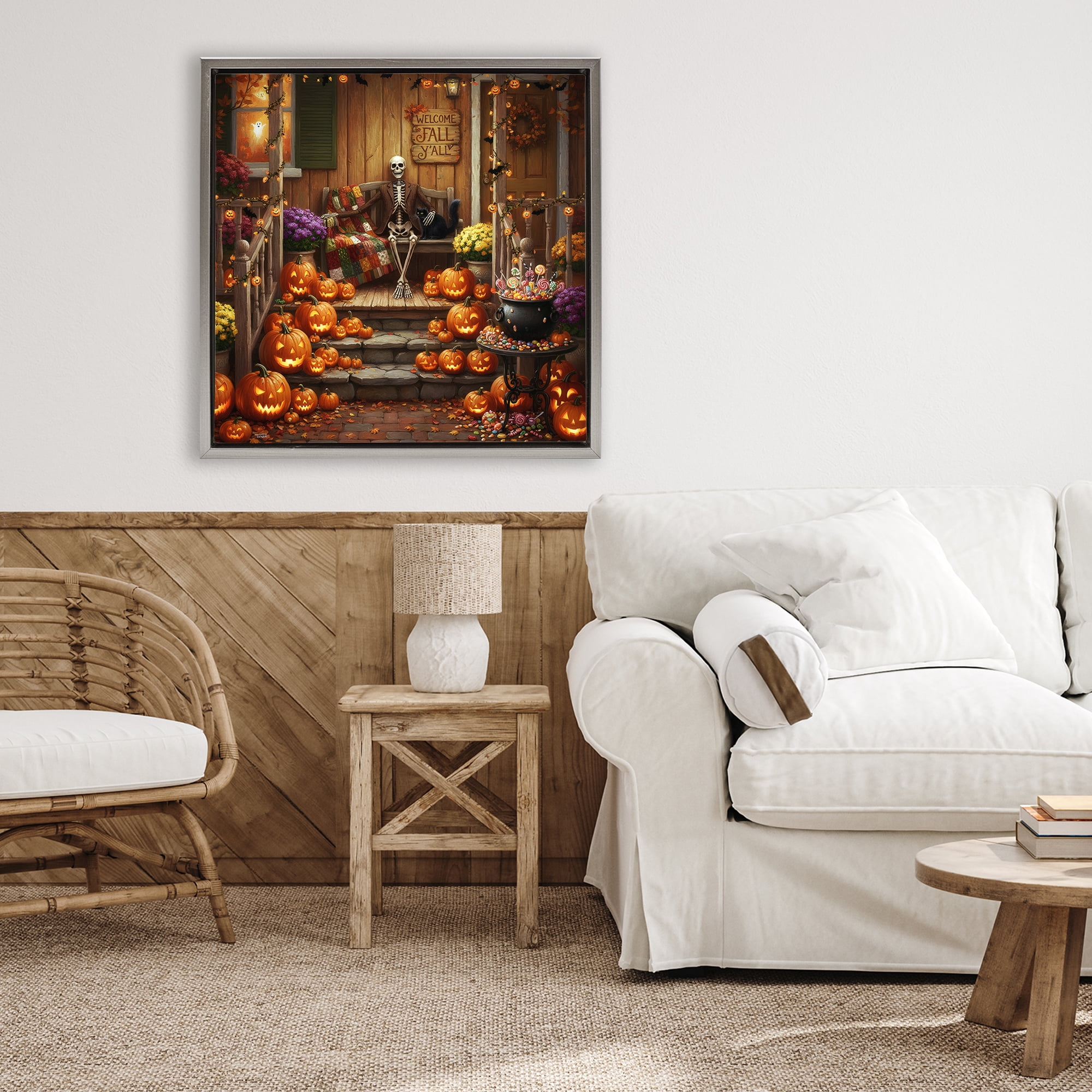 Stupell Industries Welcome To Fall Skeleton Porch Gray Framed Floater Canvas Wall Art, design by Tabz Jones