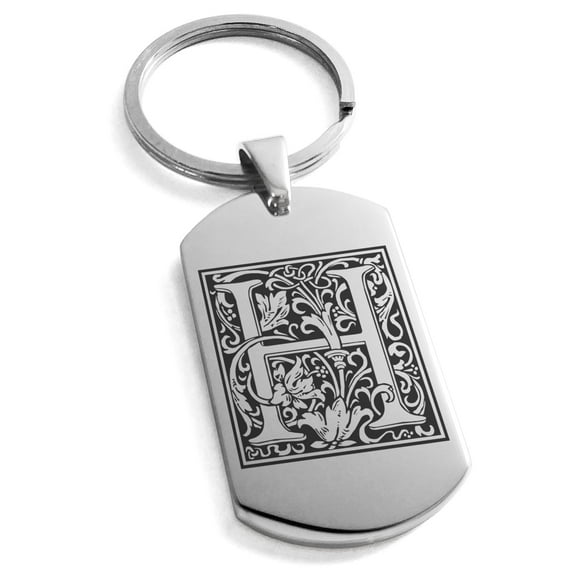 Tioneer Stainless Steel Letter H Initial Floral Box Monogram Engraved Dog Tag Keychain Keyring