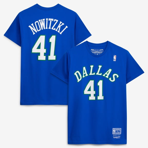 Men's Mitchell & Ness Dirk Nowitzki Blue Dallas Mavericks Hardwood Classics Team Name & Number T-Shirt