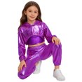 thumbnail image 3 of Hansber Kids Girls Shiny Metallic Hoodie Crop Top with Cami Vest and Pants Hip Hop Jazz Dance Outfit Purple 6, 3 of 7