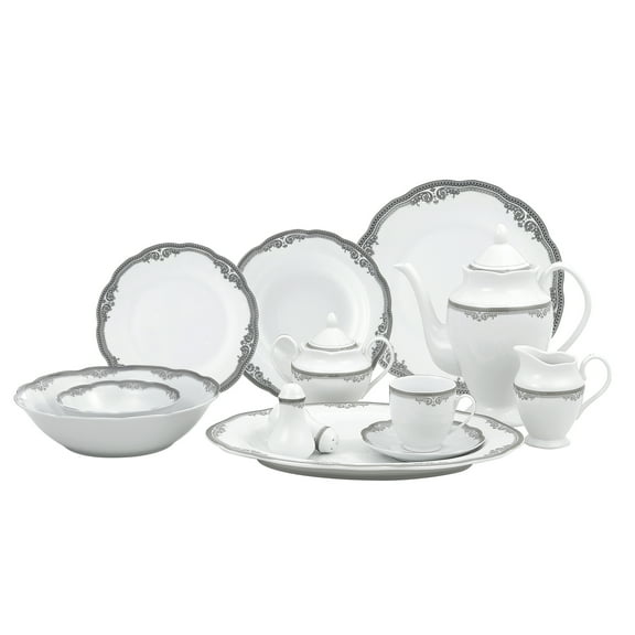 Stylish and Elegant 57 Pieces Porcelain Dinnerware Set Service for 8 People for Hosting Parties and Events - Wavy Edge, Silver Trim