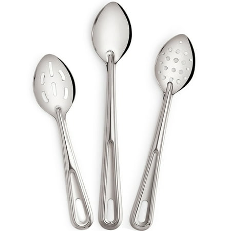 

Premium 3 Piece Stainless Steel Baking & Basting Spoon Set Includes 15 Solid Spoon 13 Perforated Spoon 11 Slotted Spoon - Heavy Gauge Durability - Modern Mirror Finish Flatware