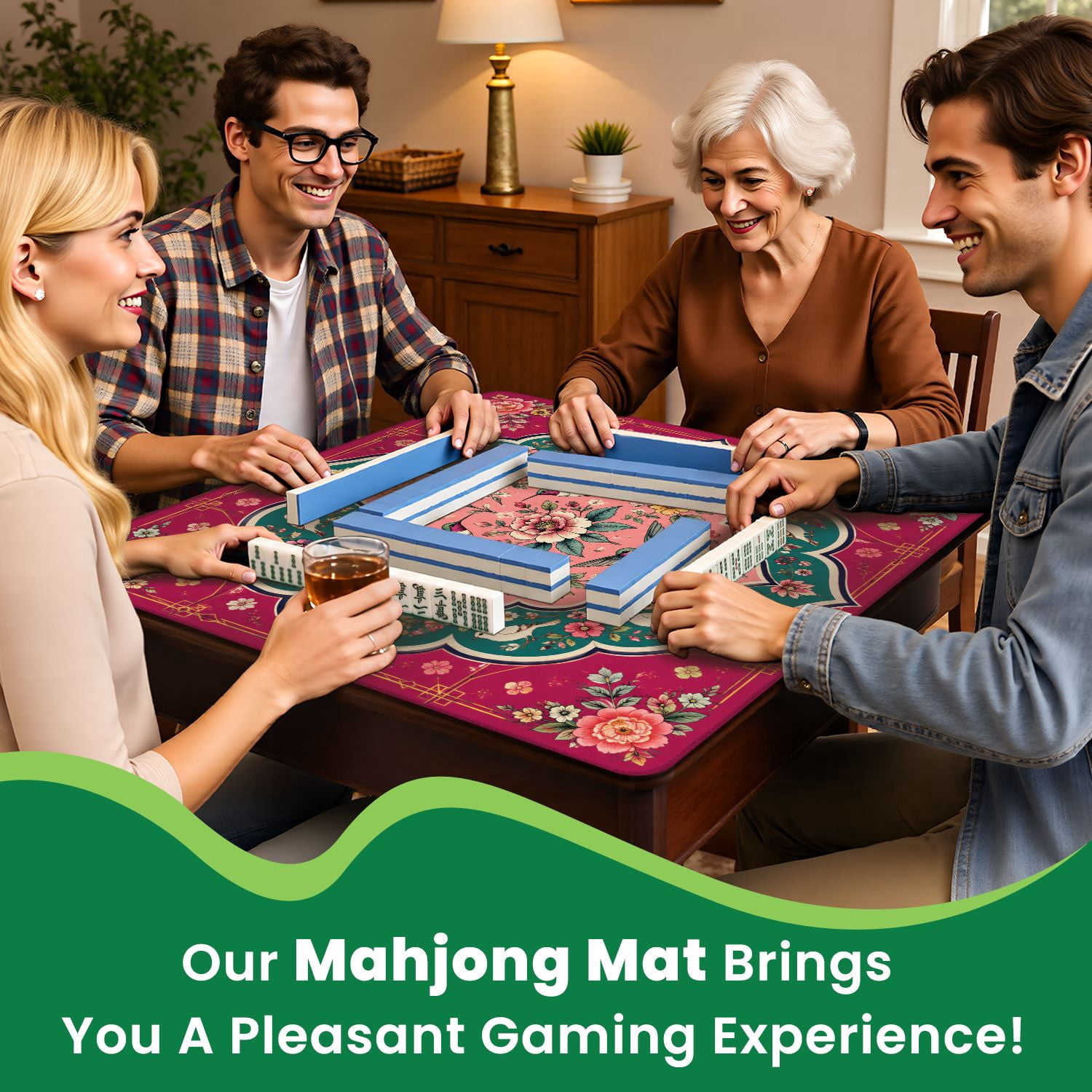 Mahjong Mat 31.5" x 31.5" Floral Bird Pink Green Non-Slip Noise Reduction Mahjong Tiles Table Cover for Dominoes Poker Card Board and Tile Games