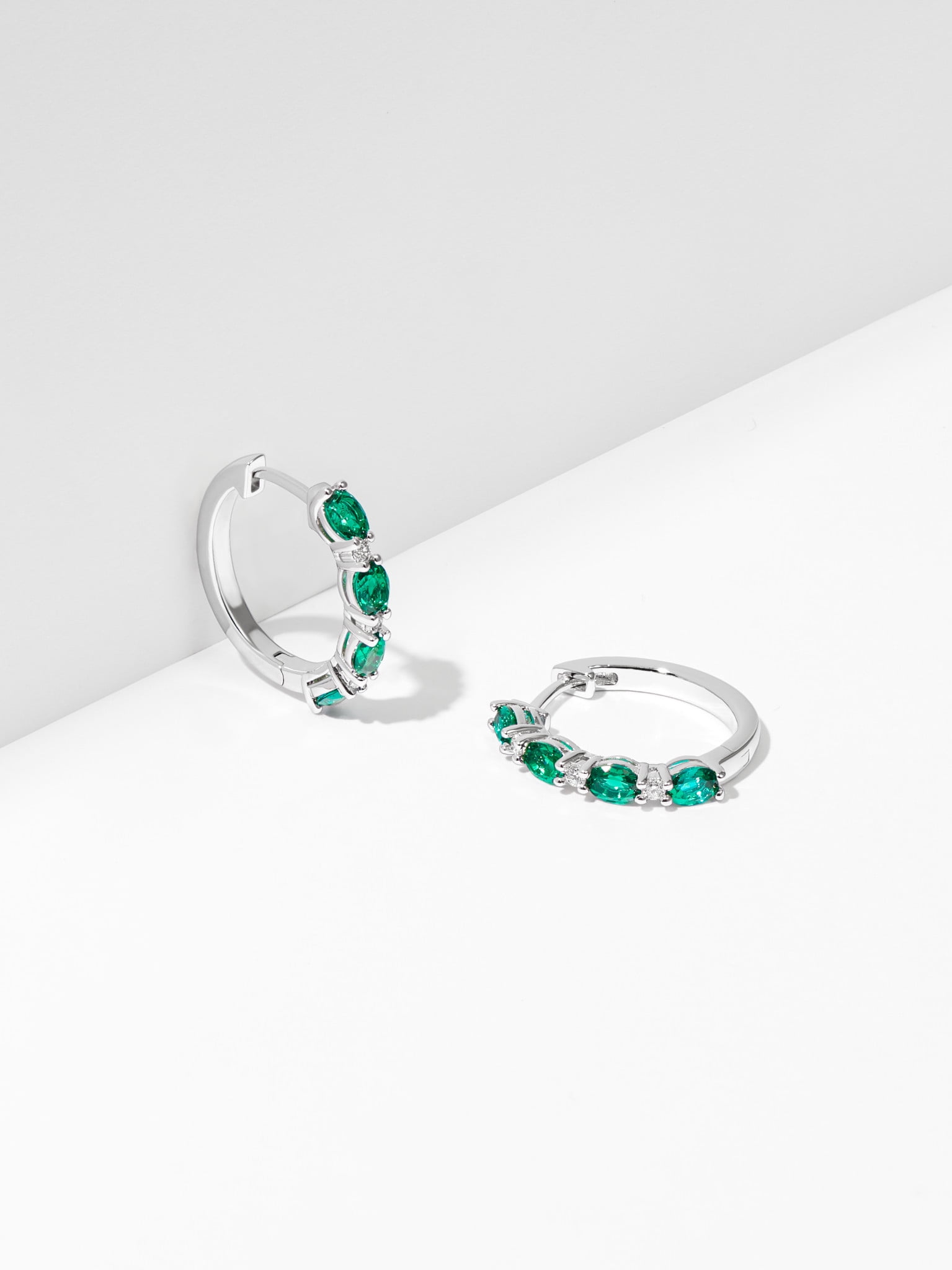 Forever Facets Lab Grown Diamond and Created Emerald Sterling Silver Hoop Earrings, Adult Female