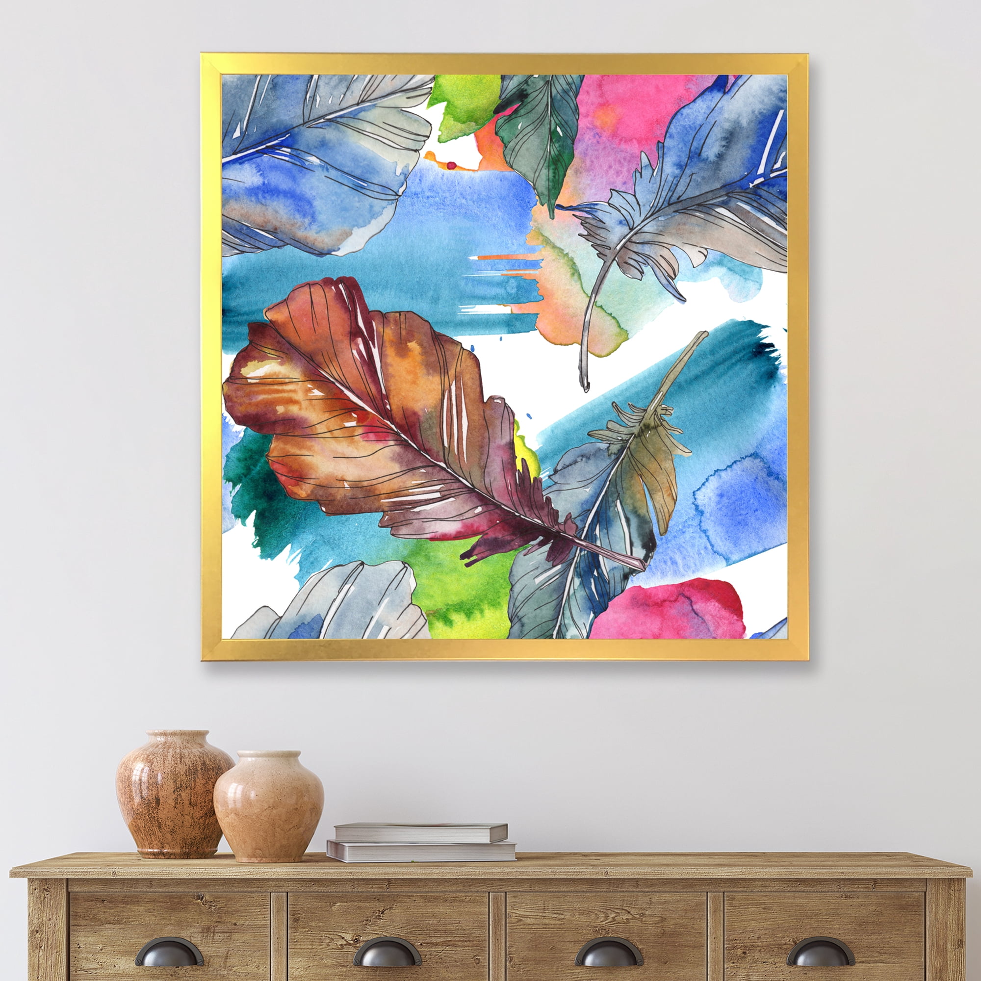 Designart 'Bird Feather In Pink and Blue' Traditional Framed Art Print