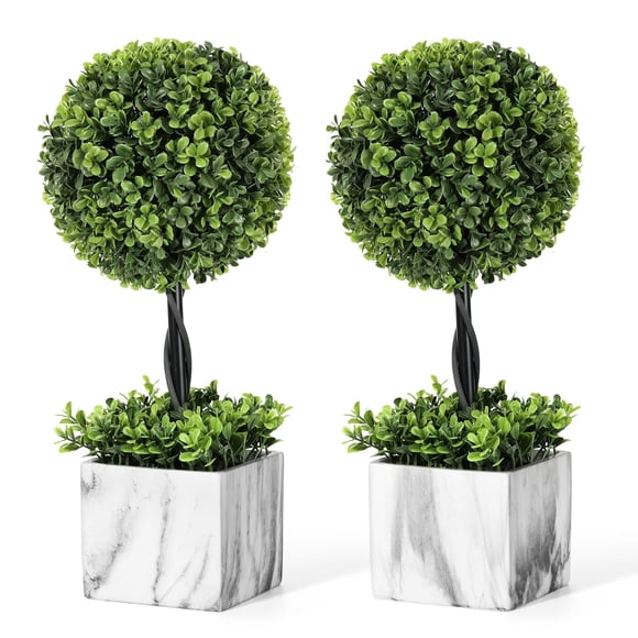Lewondr 16'' Artificial Topiary Ball Tree, Small Potted Fake Plants, Artificial Boxwood Plants with White Planter Pot, Outdoor In