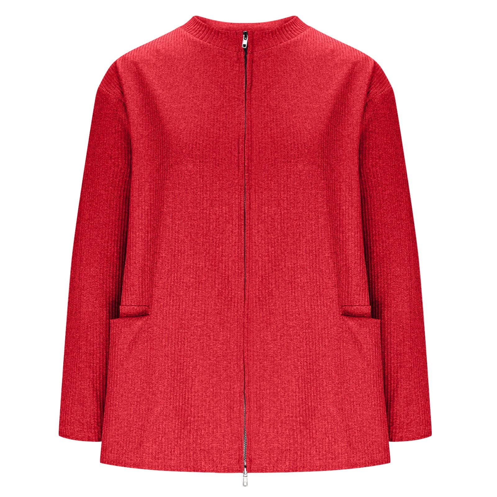 Women's Knitted Jacket Casual Comfy Stand Collar Sweater Solid Zip Up Jacket Coat Lightweight Fall Winter Ribbed Knit Sweater Red S - image 5