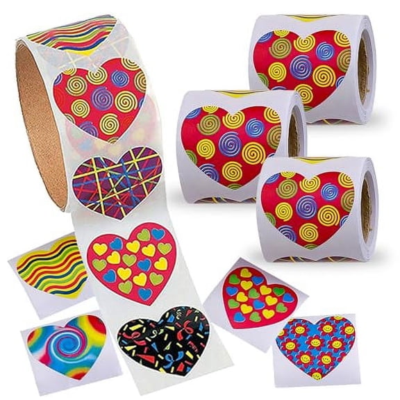 Playbees Funky Heart Stickers Roll, 400 Assorted Colors and Designs Heart Shaped Stickers, 4 Rolls, 1.5 Inches, for Kids.