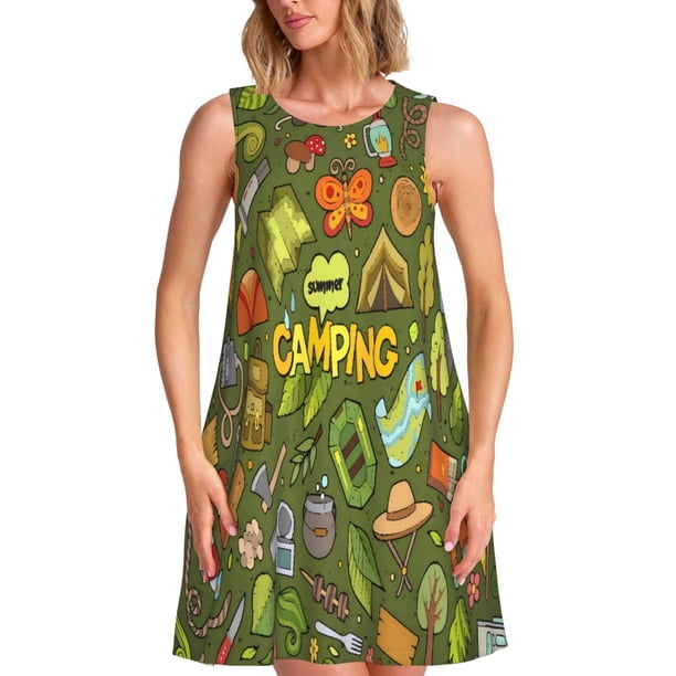 Balery Camping 1 Vestidos de verano para mujer con estampado: vestido holgado sin mangas, vestido playero informal y cómodo para días calurosos.
