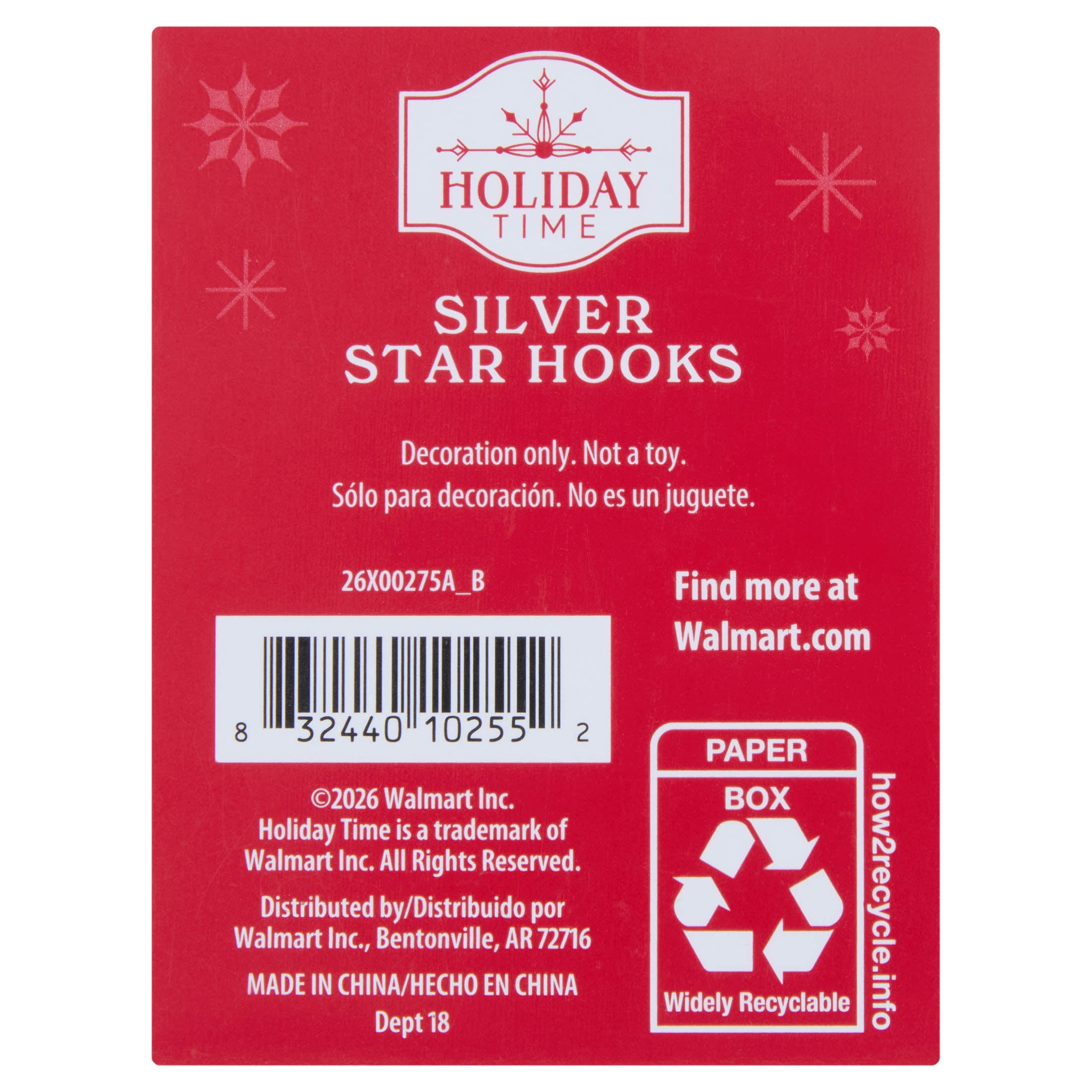 Silver Star Christmas Ornament Hooks, 3", 12 Count, by Holiday Time